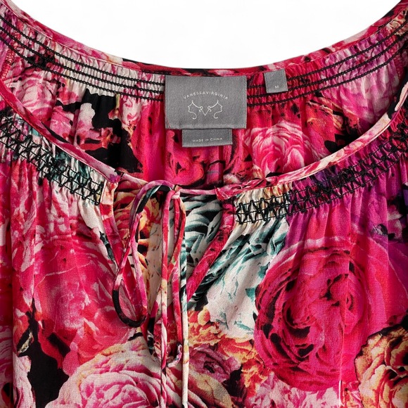 Vanessa Virginia Pink Rose Peasant‎ Blouse 100% Silk Medium Print Anthropologie - Picture 6 of 12